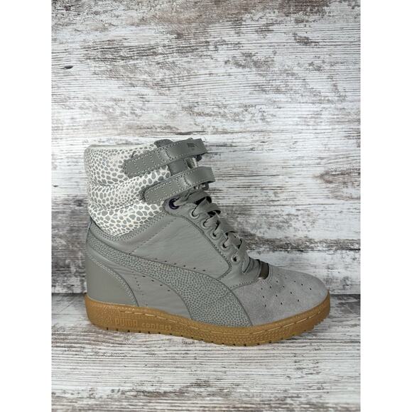 Womens Puma Sky Contact Hi Gray Suede Hidden Wedge Double Strap Sneakers Sz 7.5 - Picture 2 of 9